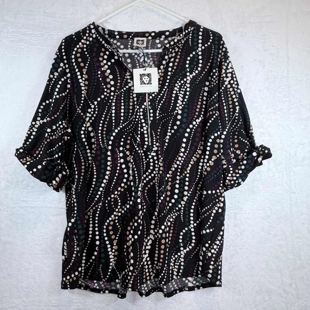 Anne Klein Blouse Women XL Black Multi Wavy Dot Zip Roll-Tab 103M82TKK74AM